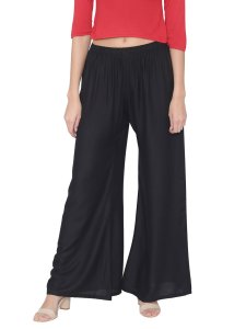 N-Gal Rayon Women's Wide Leg Elastic Waist Band Breathable Plain Palazzo Pant_Black