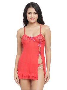 N-Gal Women's Polyester Spandex Sheer Lace Cups Pretty Flirty Babydoll Night Dress with G-String Nightwear_Red