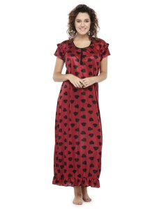 N-Gal Women's Satin Short Sleeves Hearts Print Maxi Nightwear Nightdress_Maroon