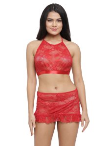 N-Gal Women's Lace High Neck Crop Top Bra Short Skirt Underwear with G-String Lingerie Set_Red