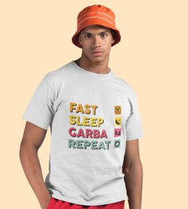 Fast sleep garba repeat printed unisex adults round neck cotton half-sleeve white tshirt specially for Navratri festival/ Durga puja