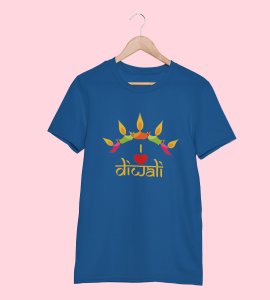 Classic earthen lamp /diyas vertically bended printed diwali themed round neck blue t-shirt specially for diwali festival