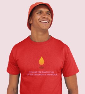 Wishing you printed diwali themed unisex round neck blended red t-shirt specially for diwali festival