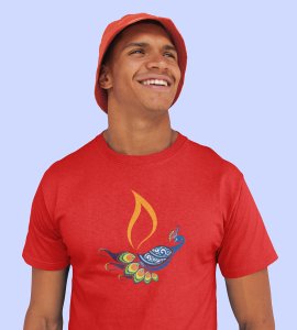 Peacock rangoli printed diwali themed unisex round neck blended red t-shirt specially for diwali festival