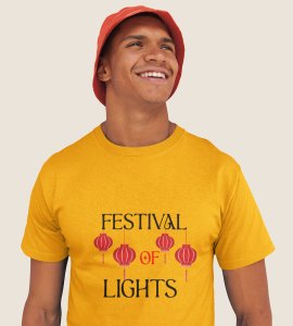 Festival of lights text printed diwali themed unisex round neck blended yellow t-shirt specially for diwali festival