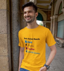 Basic human needs printed diwali themed unisex round neck blended yellow t-shirt specially for diwali festival