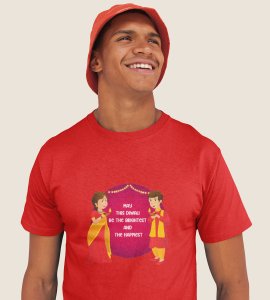 Gujju animated couple printed diwali themed unisex round neck blended red t-shirt specially for diwali festival