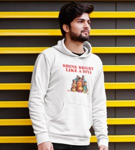 Shine bright like a diya text printed diwali themed White Hoodie specially for diwali festival