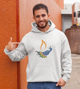 Peacock rangoli printed diwali themed White Hoodie specially for diwali festival