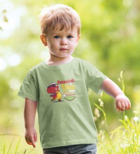 Baseballer Dino, Boys Round Neck Blended Cotton T-shirt (olive green)
