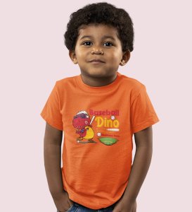 Baseballer Dino, Boys Round Neck Blended Cotton Tshirt
