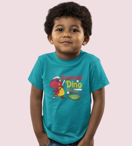 Baseballer Dino, Boys Round Neck Blended Cotton Tshirt
