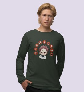 Anime Printed Itadori Cotton Green Full Sleeves Tshirt For Mens and Boys