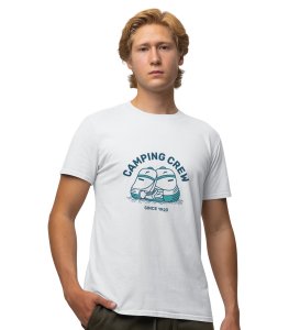 JD.TRENDS Camping Crew White Round Neck Cotton Half Sleeved Men's T-Shirt with Printed Graphics